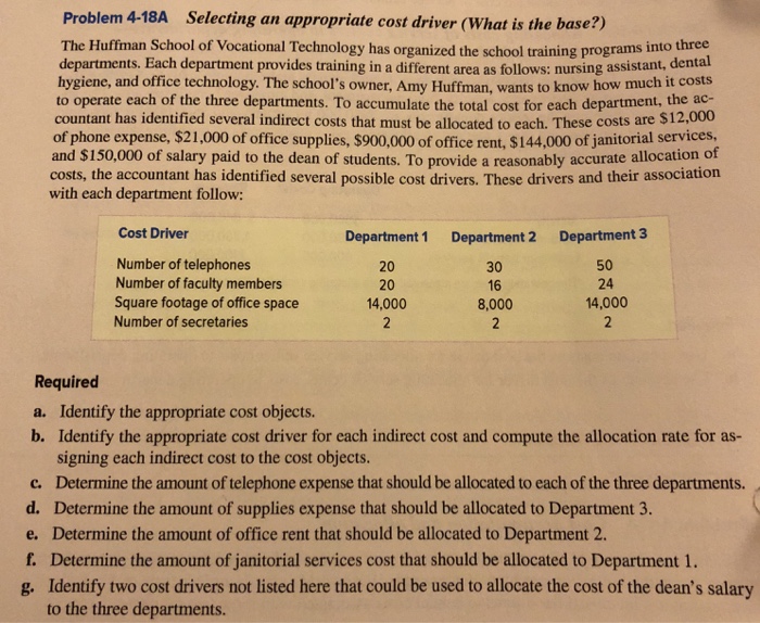  Problem 4-18A Selecting an appropriate cost driver (What is the base?)