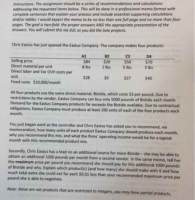 help with calculations Instructions: The assignment should be a series of recommendations