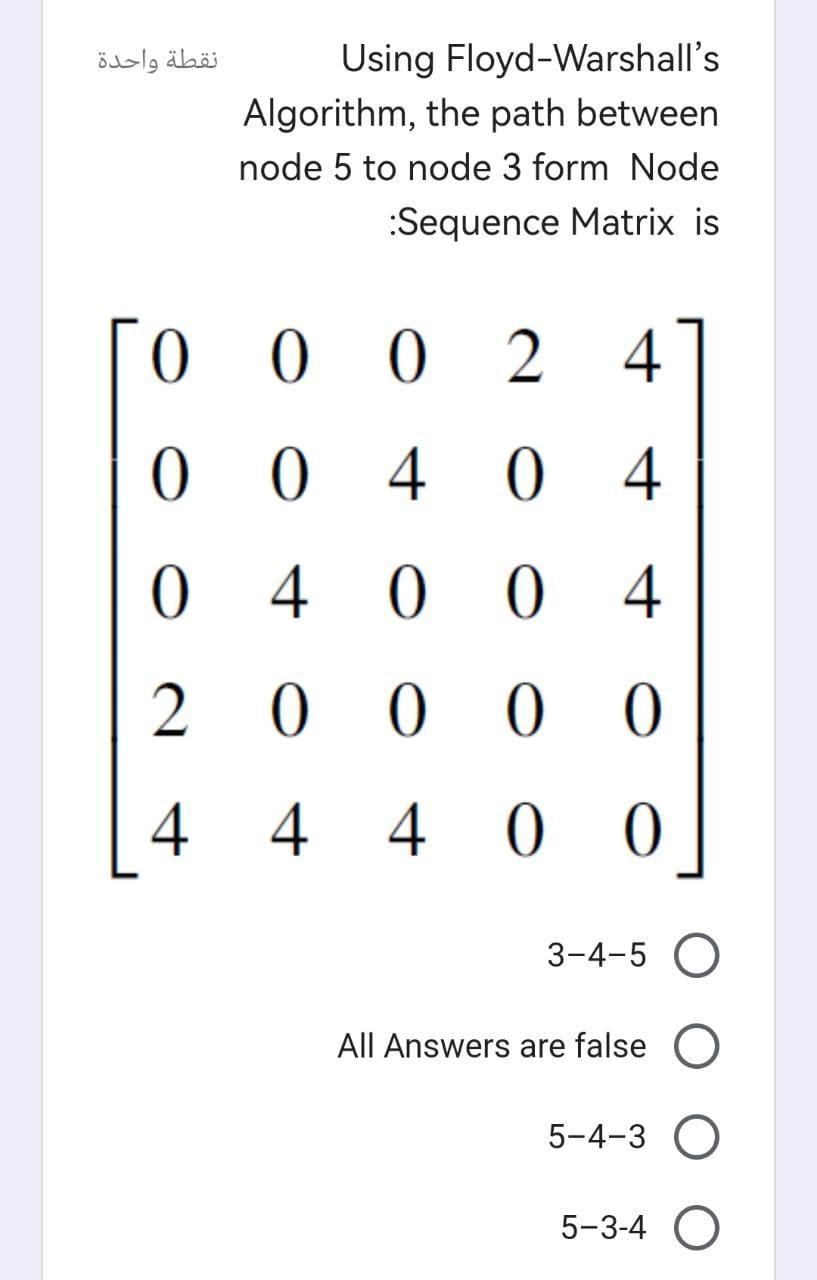  Using Floyd-Warshall's Algorithm, the path between node 5 to node 3
