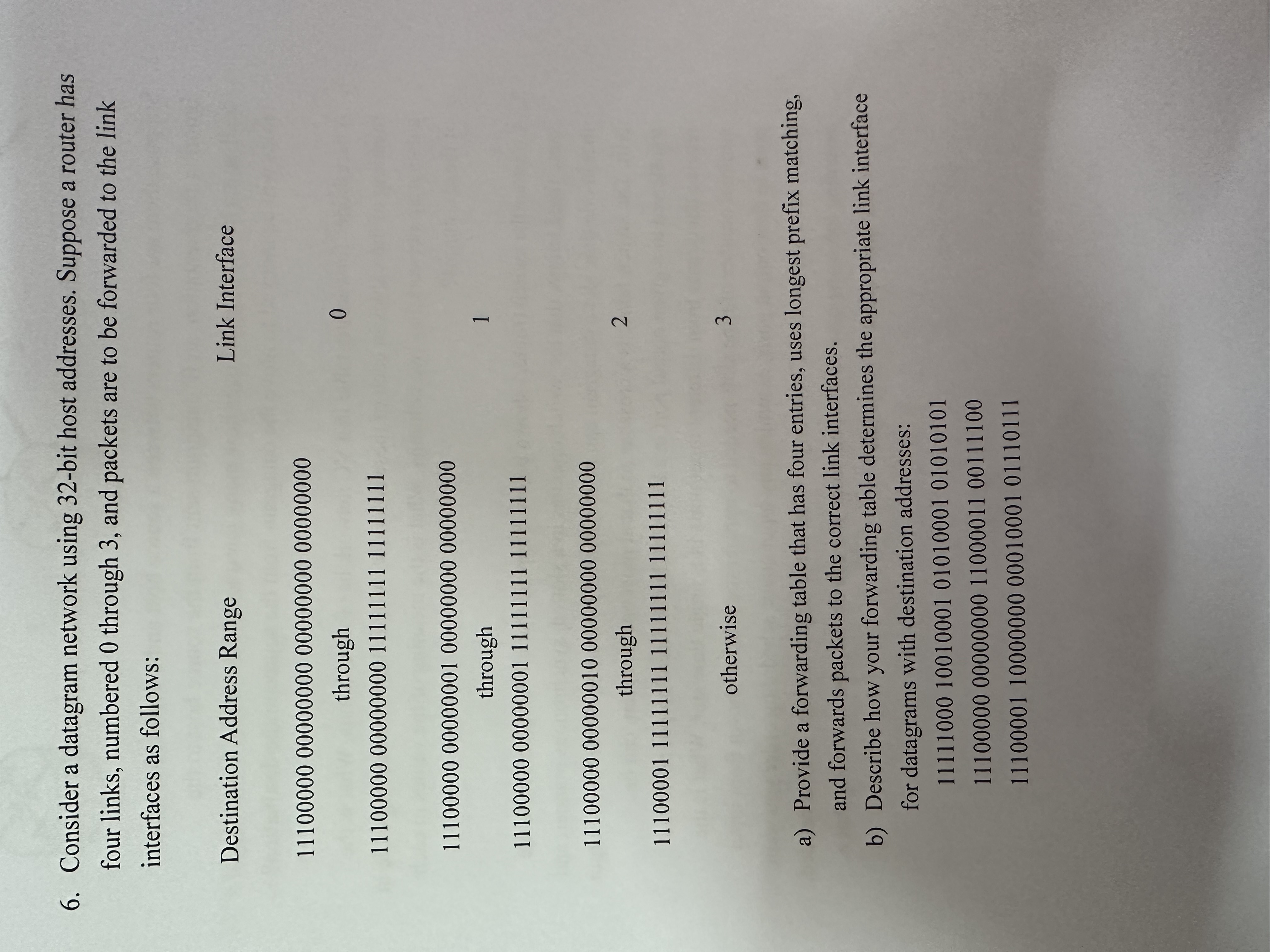  Consider a datagram network using 32-bit host addresses. Suppose a router