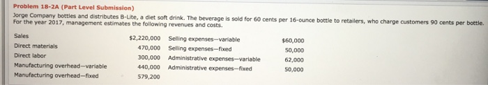  Problem 18-2A (Part Level Submission) orge Company bottles and distributes B-Lite,