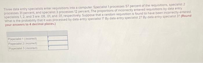  Three data entry specialists enter requisitions into a computer. Specialist 1