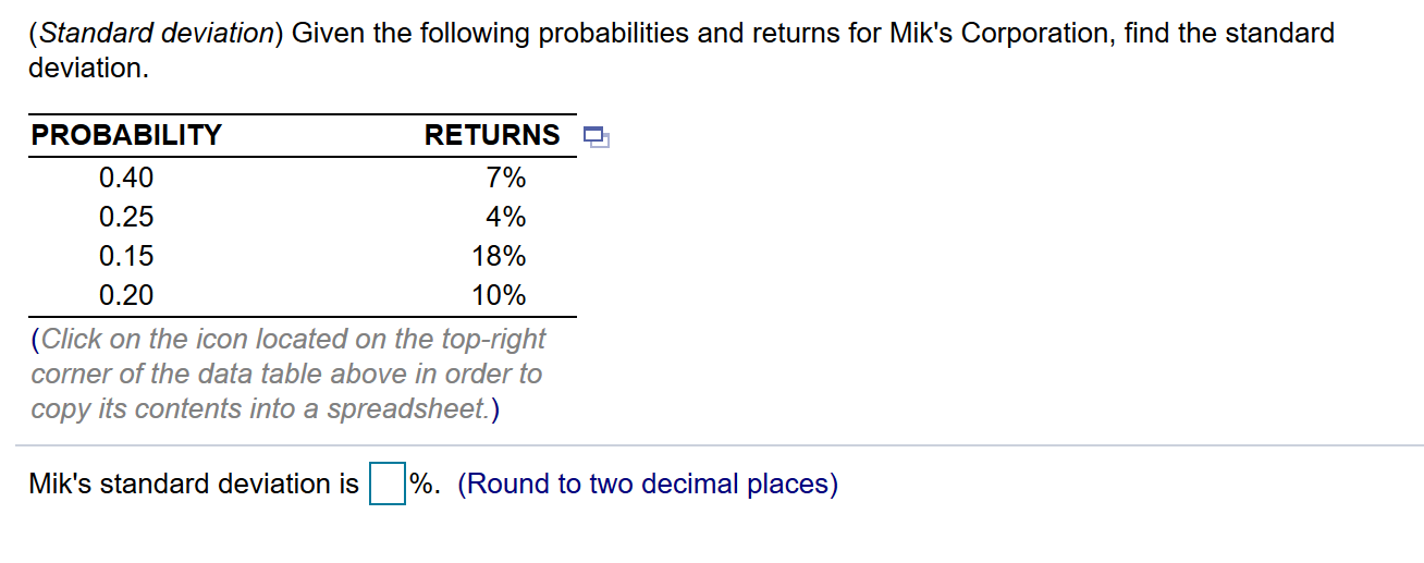 (Standard deviation) Given the following probabilities and returns for Mik's Corporation,