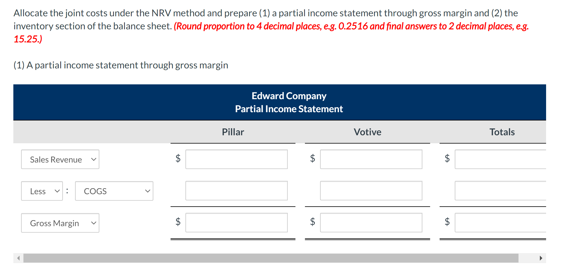 a partial income statement through gross margin and (2) the inventory section