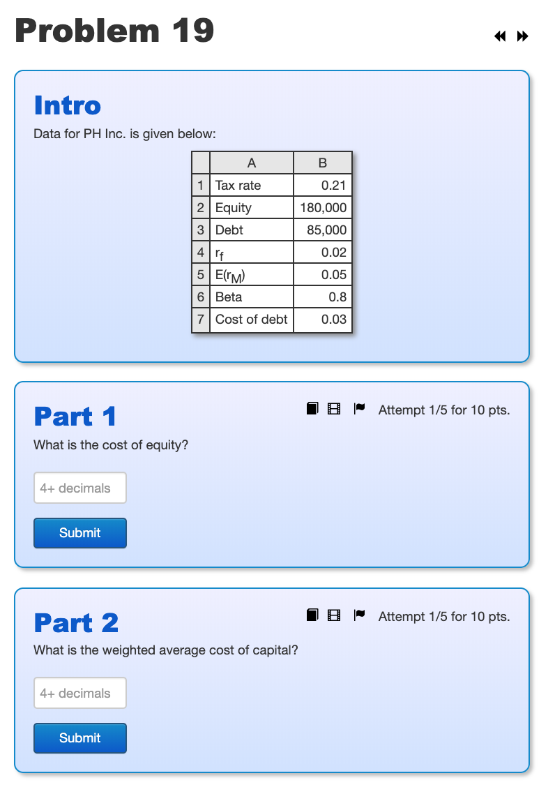  Problem 19 Intro Data for PH Inc. is given below: .