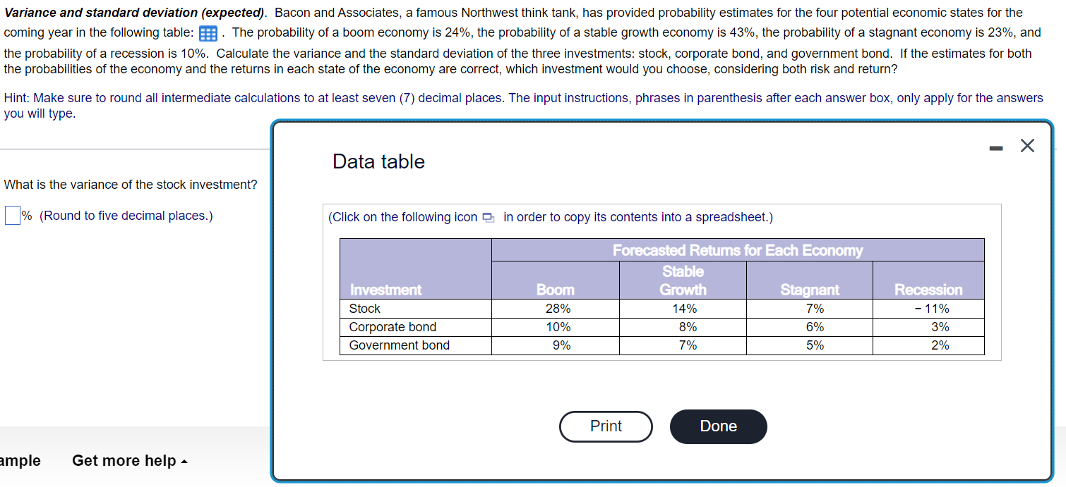  Variance and standard deviation (expected). Bacon and Associates, a famous Northwest