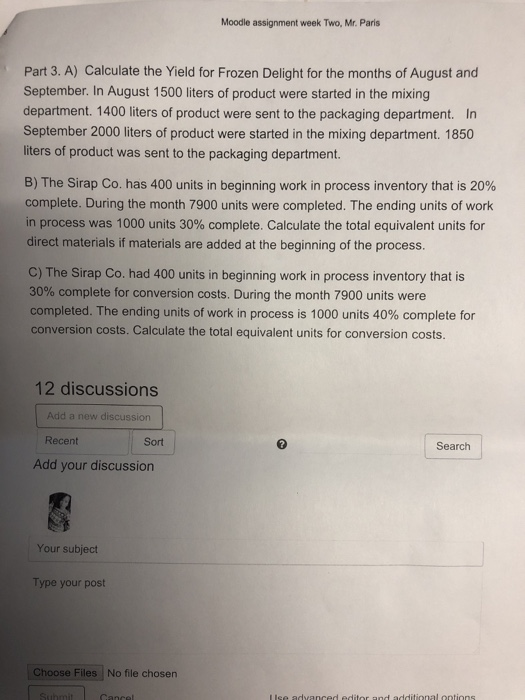  Moodle assignment week Two, Mr. Paris Part 3. A) Calculate the