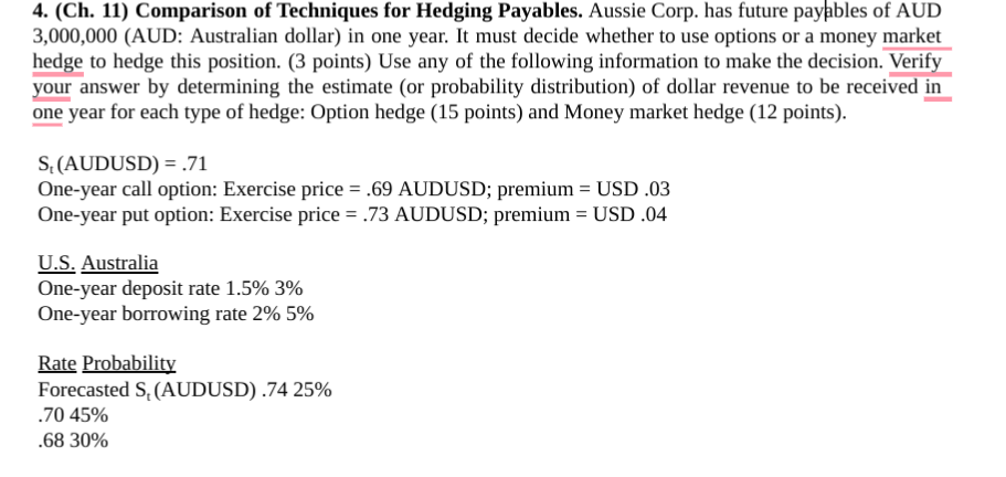  4. (Ch. 11) Comparison of Techniques for Hedging Payables. Aussie Corp.