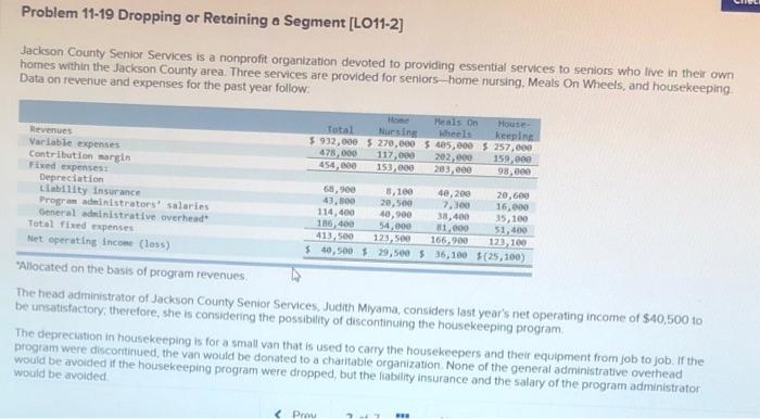  Problem 11-19 Dropping or Retaining a Segment [LO11-2] Jackson County Senior
