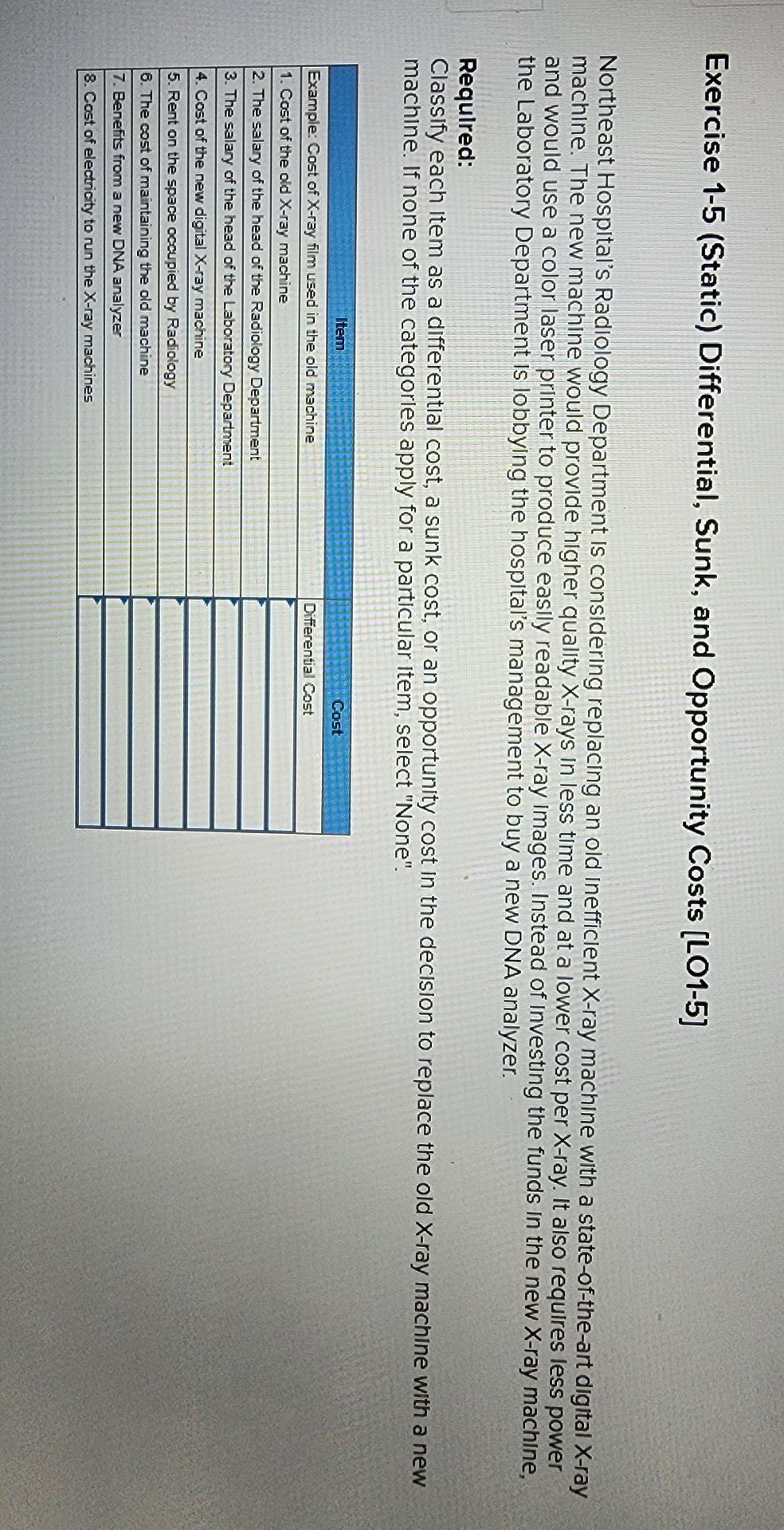  Exercise 1-5(Static) Differential, Sunk, and Opportunity Costs [LO1-5] Northeast Hospital's Radiology