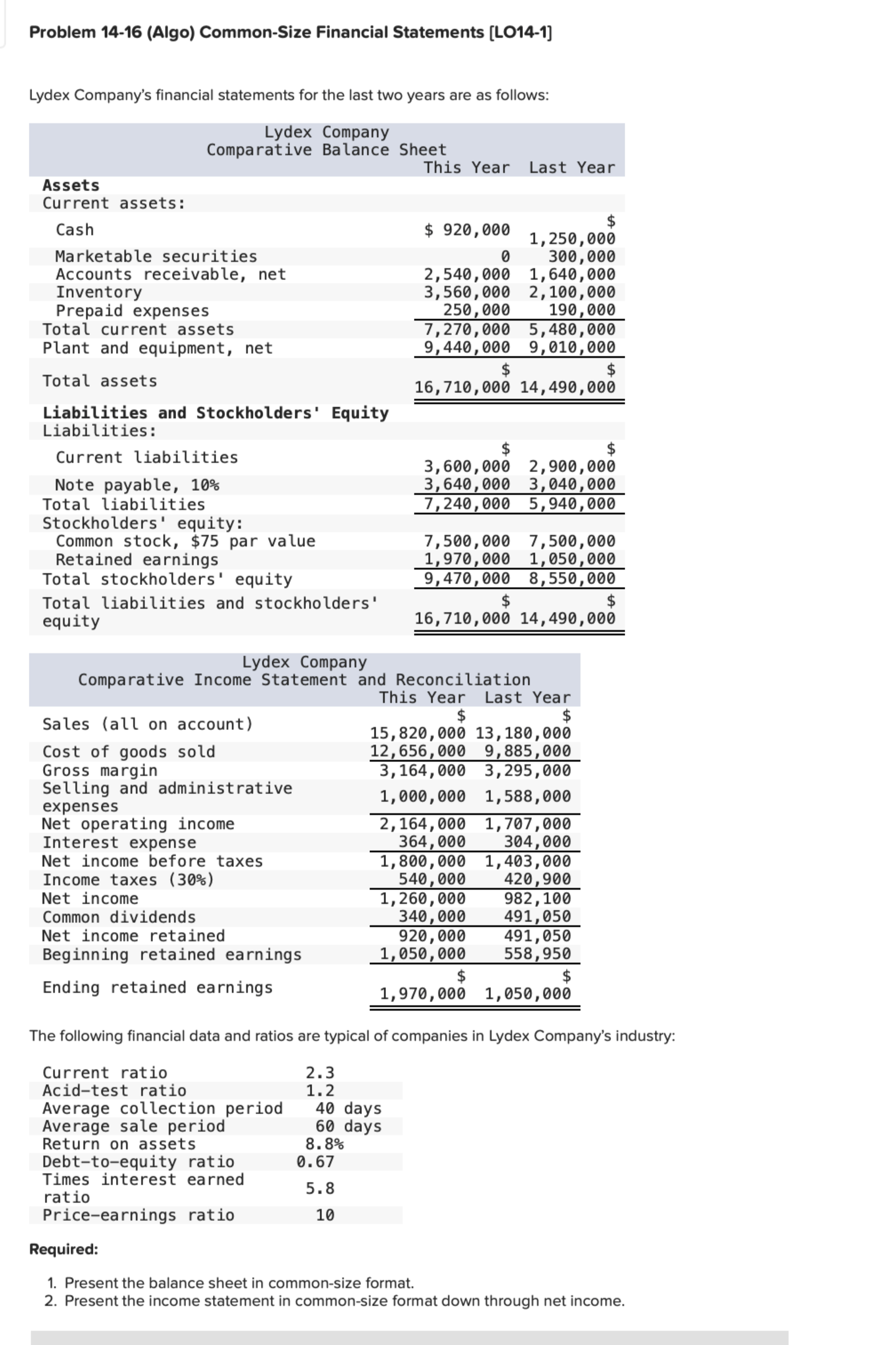  Problem 14-16(Algo) Common-Size Financial Statements [LO14-1] Required: Present the balance sheet