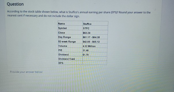  Question According to the stock table shown below, what is Stuffco's
