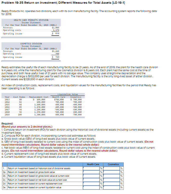  Problem 19-35 Return on Investment; Different Measures for Total Assets [LO