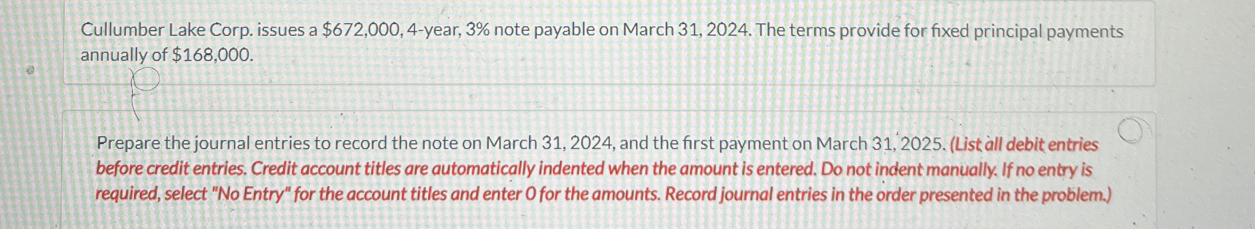  cullumber lake corp issues a 672000,4-year 3% note payable on march