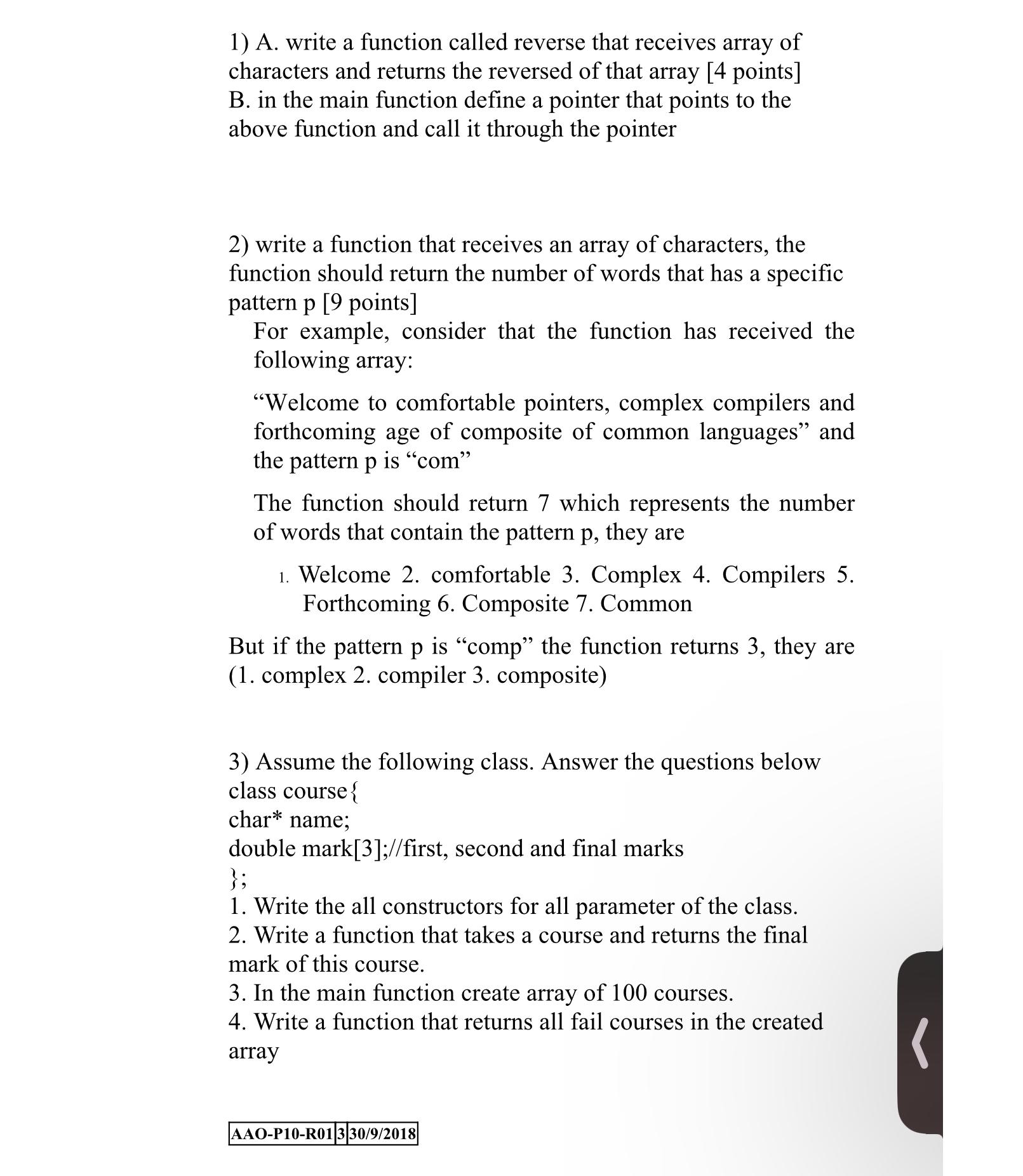  A. write a function called reverse that receives array of characters