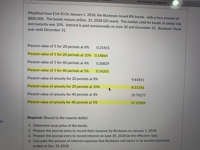  My Overview Chegg.com (Modified from E14.9) On January 1, 2018, the