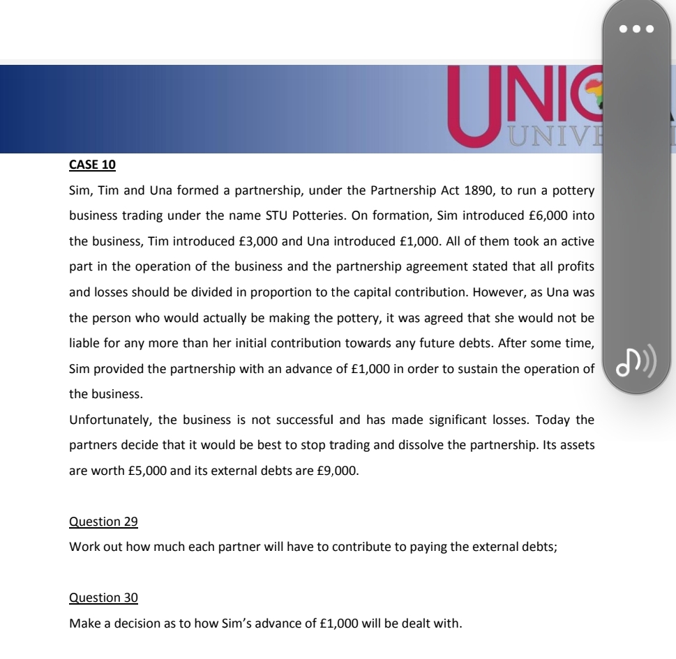  CASE 10 Sim, Tim and Una formed a partnership, under the