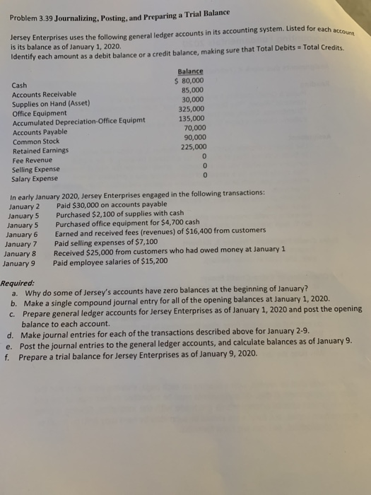  Problem 3.39 Journalizing, Posting, and Preparing a Trial Balance Listed for