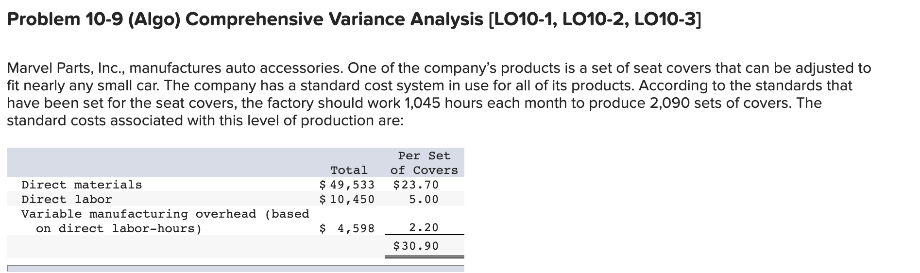  Problem 10-9 (Algo) Comprehensive Variance Analysis (LO10-1, LO10-2, LO10-3] Marvel Parts,