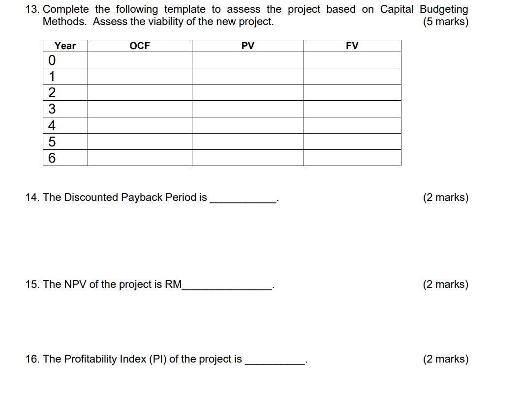 business loan. (5 marks) 12. Calculate the project's Initial Outlay and Terminal
