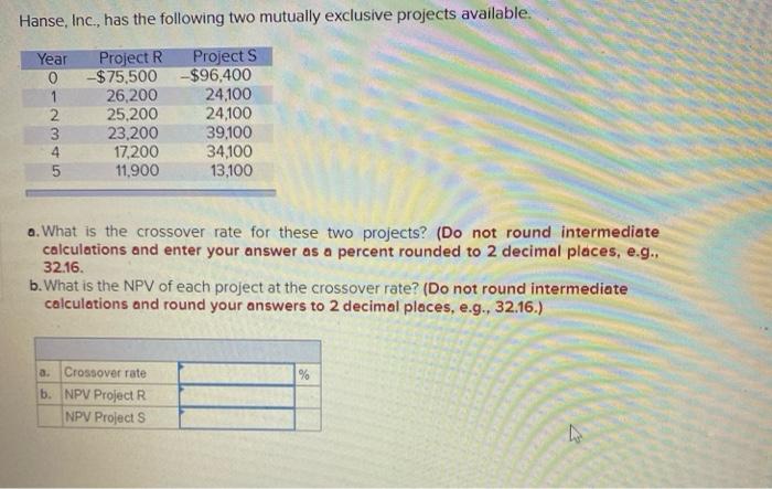  Hanse, Inc., has the following two mutually exclusive projects available. a.