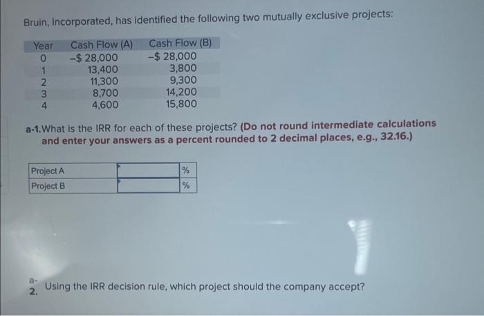  Bruin, Incorporated, has identified the following two mutually exclusive projects: a-1.