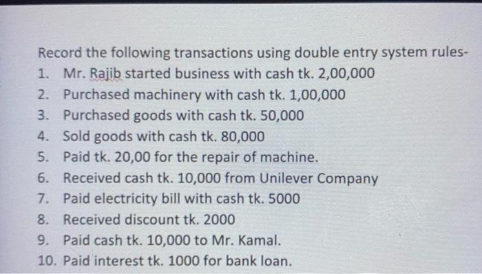  Record the following transactions using double entry system rules- 1. Mr.