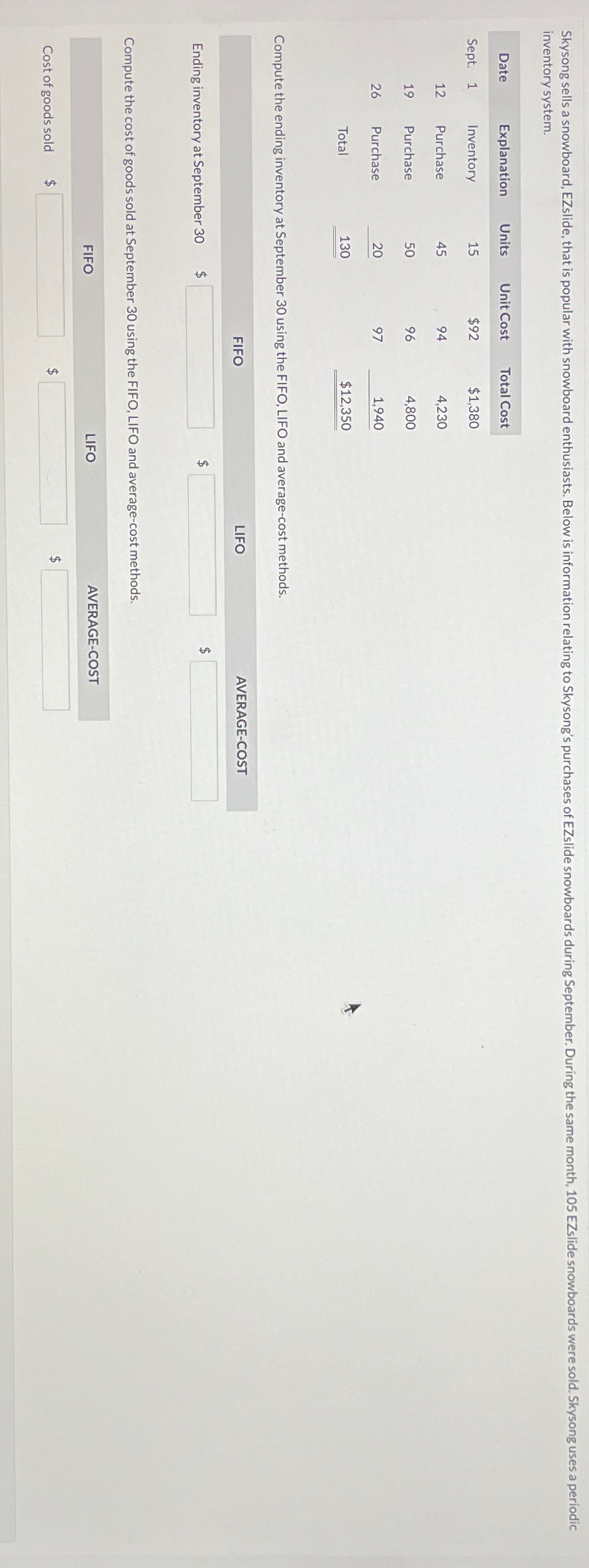  inventory system. \table[[Date,Explanation,Units,Unit Cost,Total Cost],[Sept.1,Inventory,15,$92,$1,380 