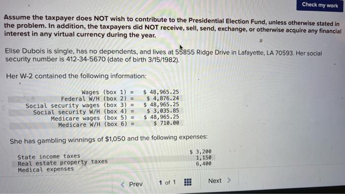 1040 with schedule 1 and schedule A for Elise. My numbers are