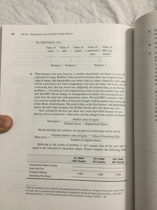 worksheet for the recapitalization alternative on page430. Again use excel spreadsheet and