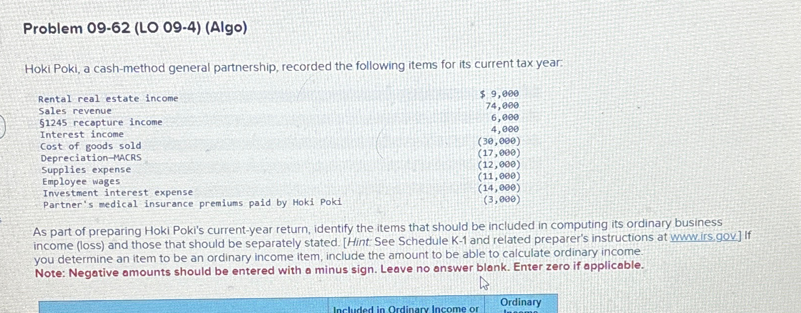  Problem 09-62(LO 09-4)(Algo) Hoki Poki, a cash-method general partnership, recorded the