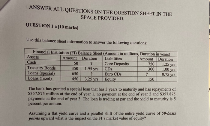 commercial banking ANSWER ALL QUESTIONS ON THE QUESTION SHEET IN THE SPACE