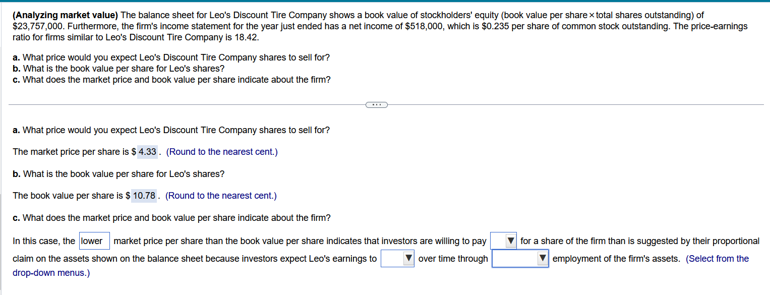  (Analyzing market value) The balance sheet for Leo's Discount Tire Company