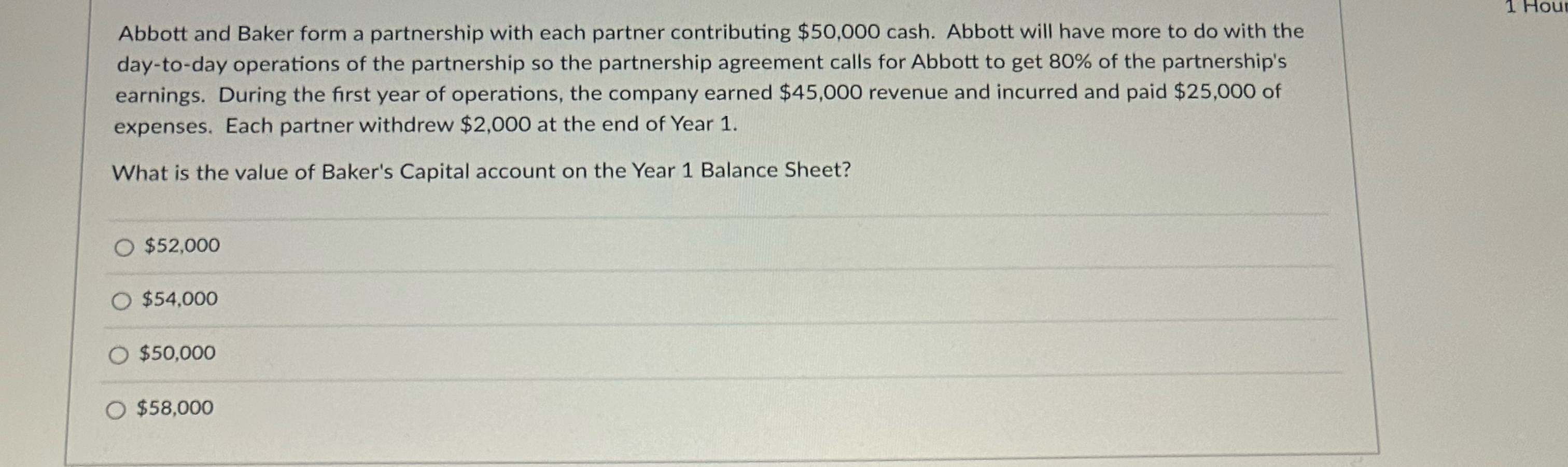  Abbott and Baker form a partnership with each partner contributing $50,000