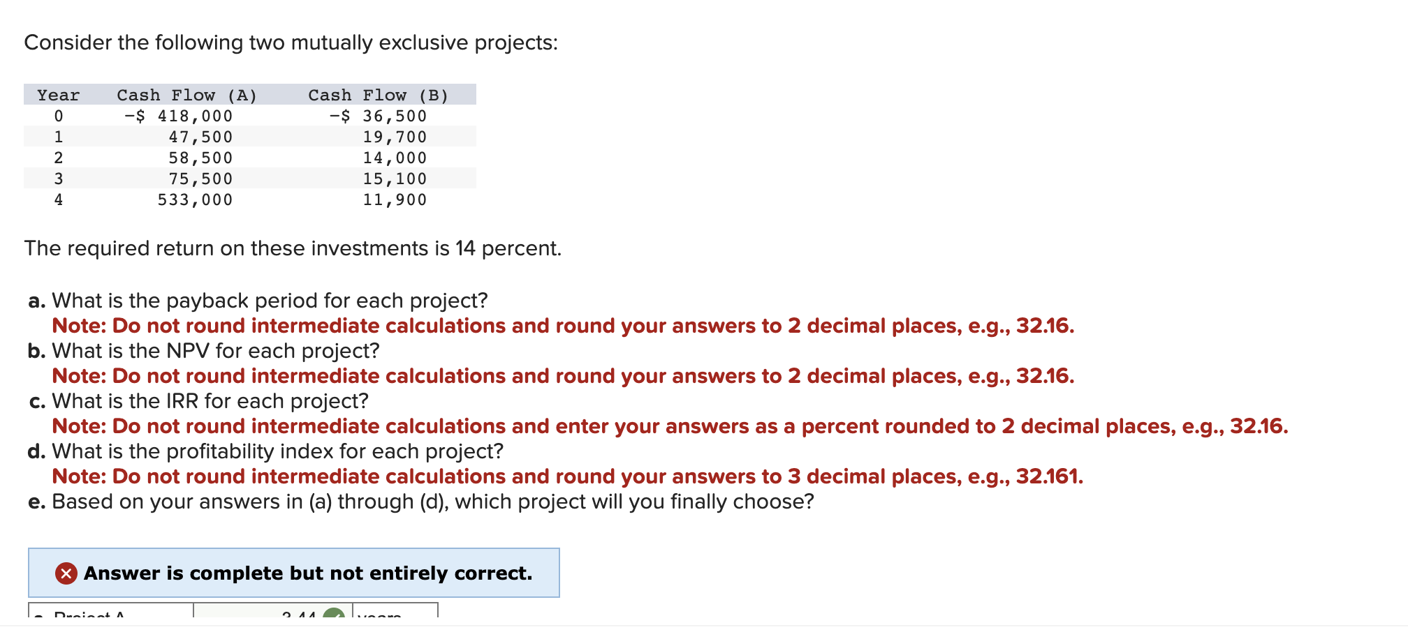 Consider the following two mutually exclusive projects: The required return on