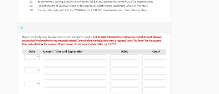 7 8 Presented here are selected transactions for Toth Company during September