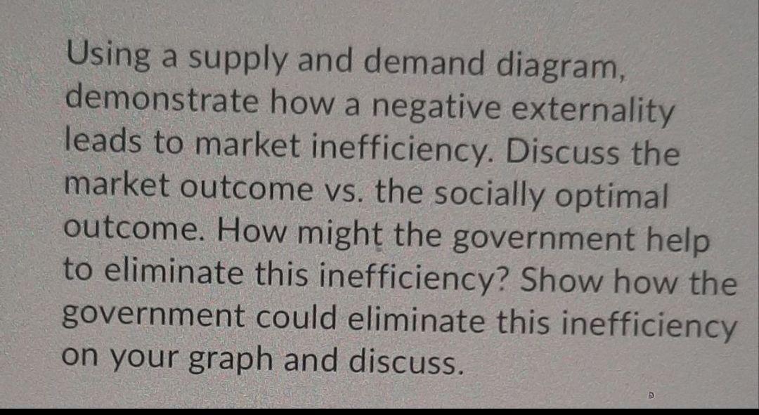 Using a supply and demand diagram, demonstrate how a negative externality