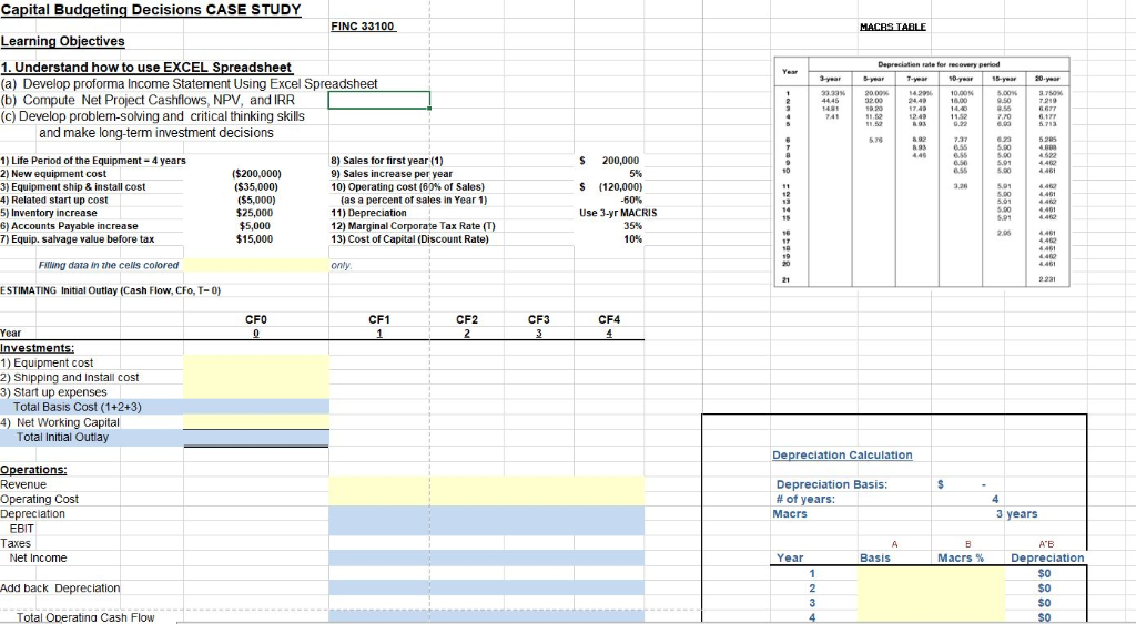 Please help answering this project Capital Budgeting Decisions CASE STUDY Learning Objectives