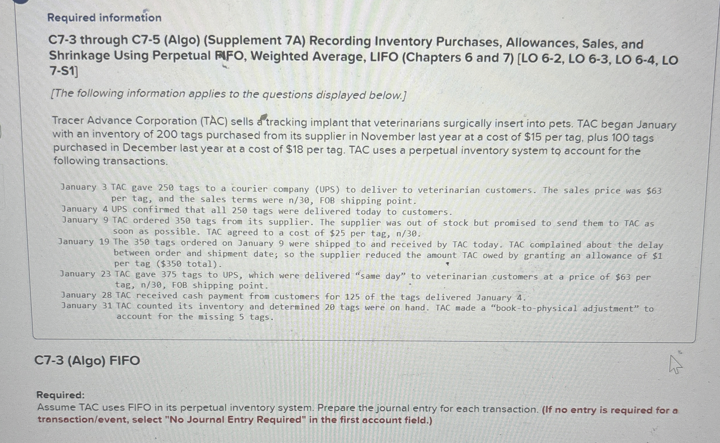  Required information C7-3 through C7-5(Algo)(Supplement 7A) Recording Inventory Purchases, Allowances, Sales,