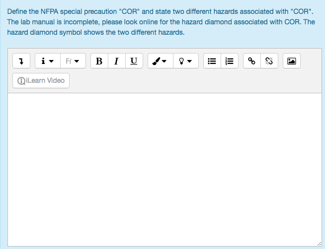Define the NFPA special precaution "COR" and state two different hazards
