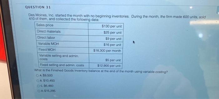  QUESTION 31 Des Moines, Inc. started the month with no beginning