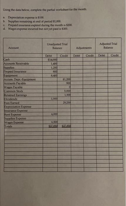 v Using the data below, complete the partial worksheet for the month.