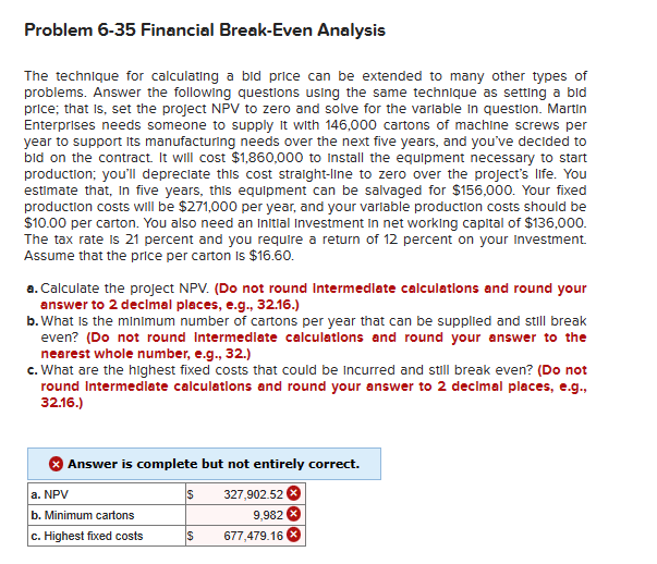  Problem 6-35 Financial Break-Even Analysis The technique for calculating a bid