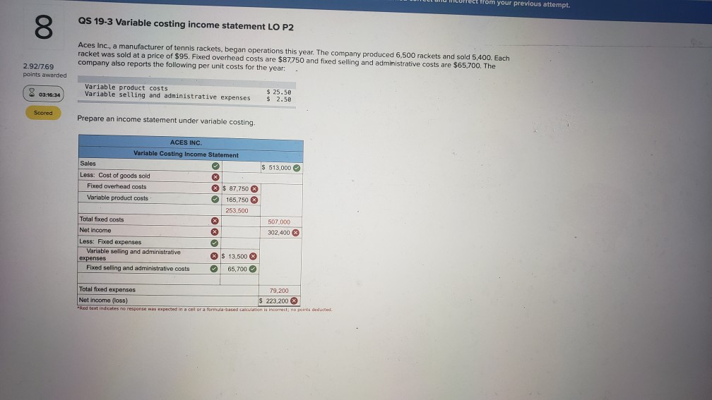  correct from your previous attempt. 8 QS 19-3 Variable costing income