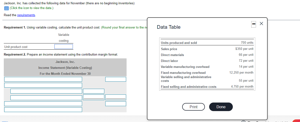 cost. 2. Prepare an income statement using the contribution margin format Print