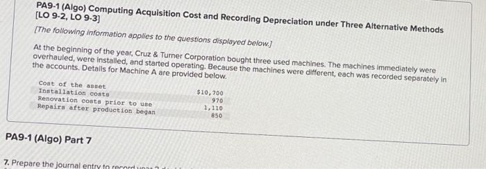  PA9-1 (Algo) Computing Acquisition Cost and Recording Depreciation under Three Alternative