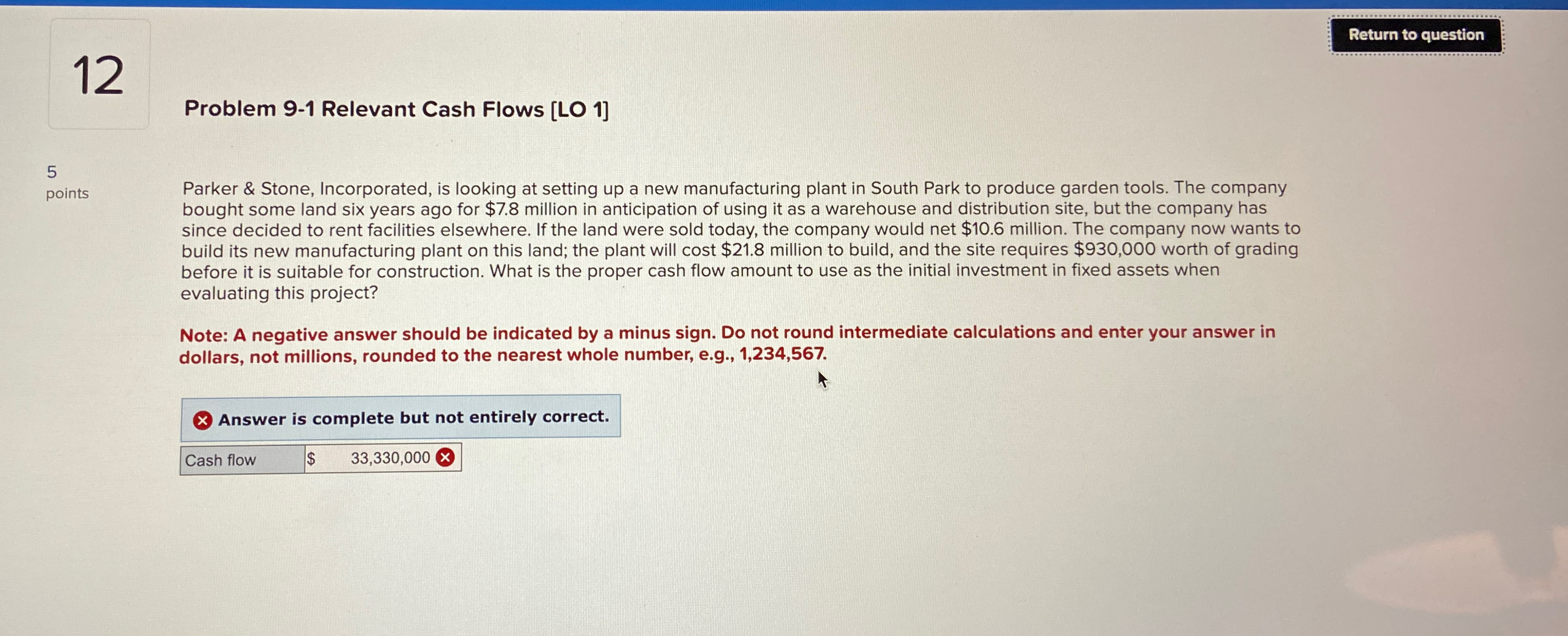  12 Problem 9-1 Relevant Cash Flows LO 101] 5 points Parker