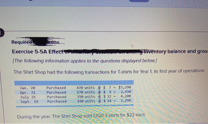 help please Required atlon Exercise 5-5A Effetton Inventory balance and gross [The