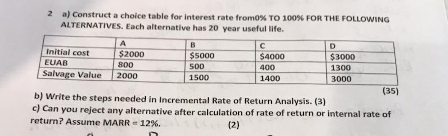  2 a) Construct a choice table for interest rate from0% TO