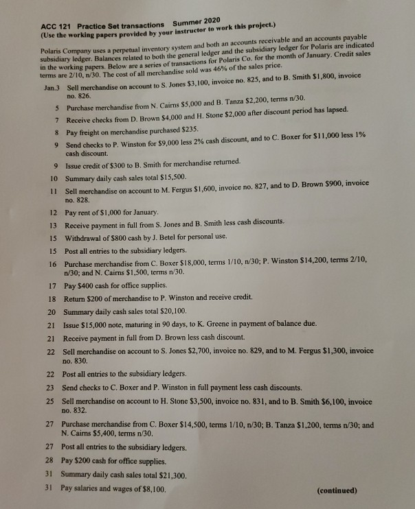  ACC 121 Practice Set transactions Summer 2020 (Use the working papers
